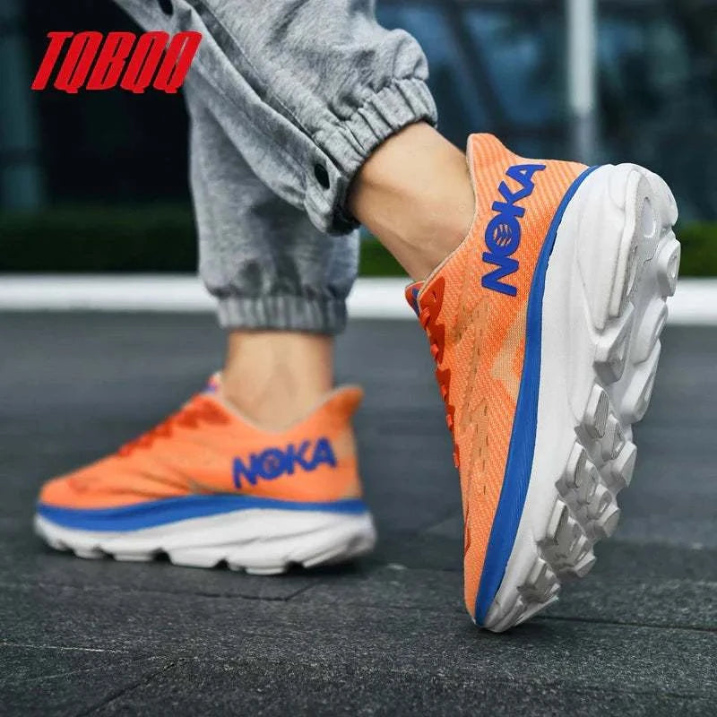 Orange carbon plate air cushion running shoes with breathable mesh and durable rubber outsole
