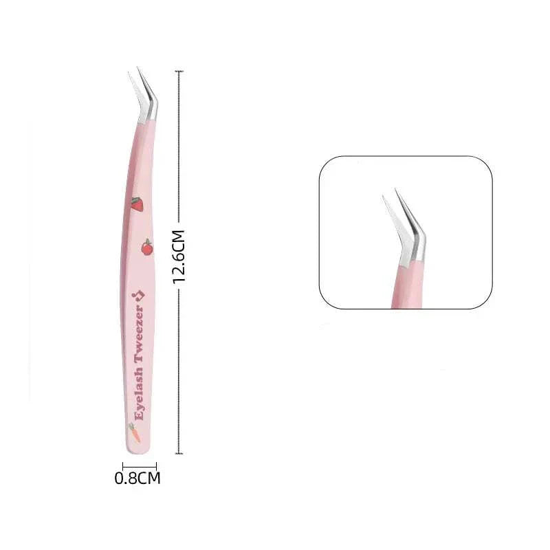 Pink false eyelash tweezers with curved precision tips, measuring 12.6 cm in length and 0.8 cm in width