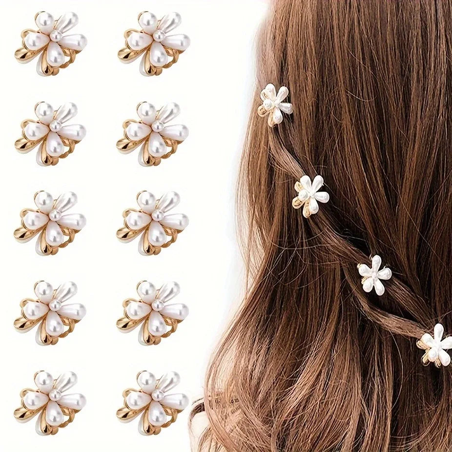 Flower shaped hair grab clips with faux pearls, elegant floral barrettes for girls and women, multiple set options, secure hold, lightweight accessories for hairstyles