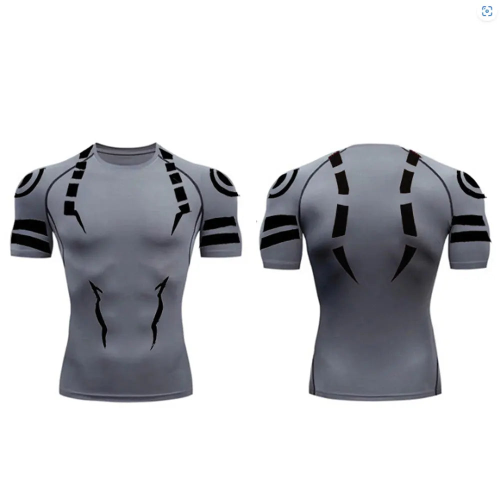 Anime Jujutsu Kaisen Sukuna compression t-shirt with 3D print, athletic fit, and breathable fabric.