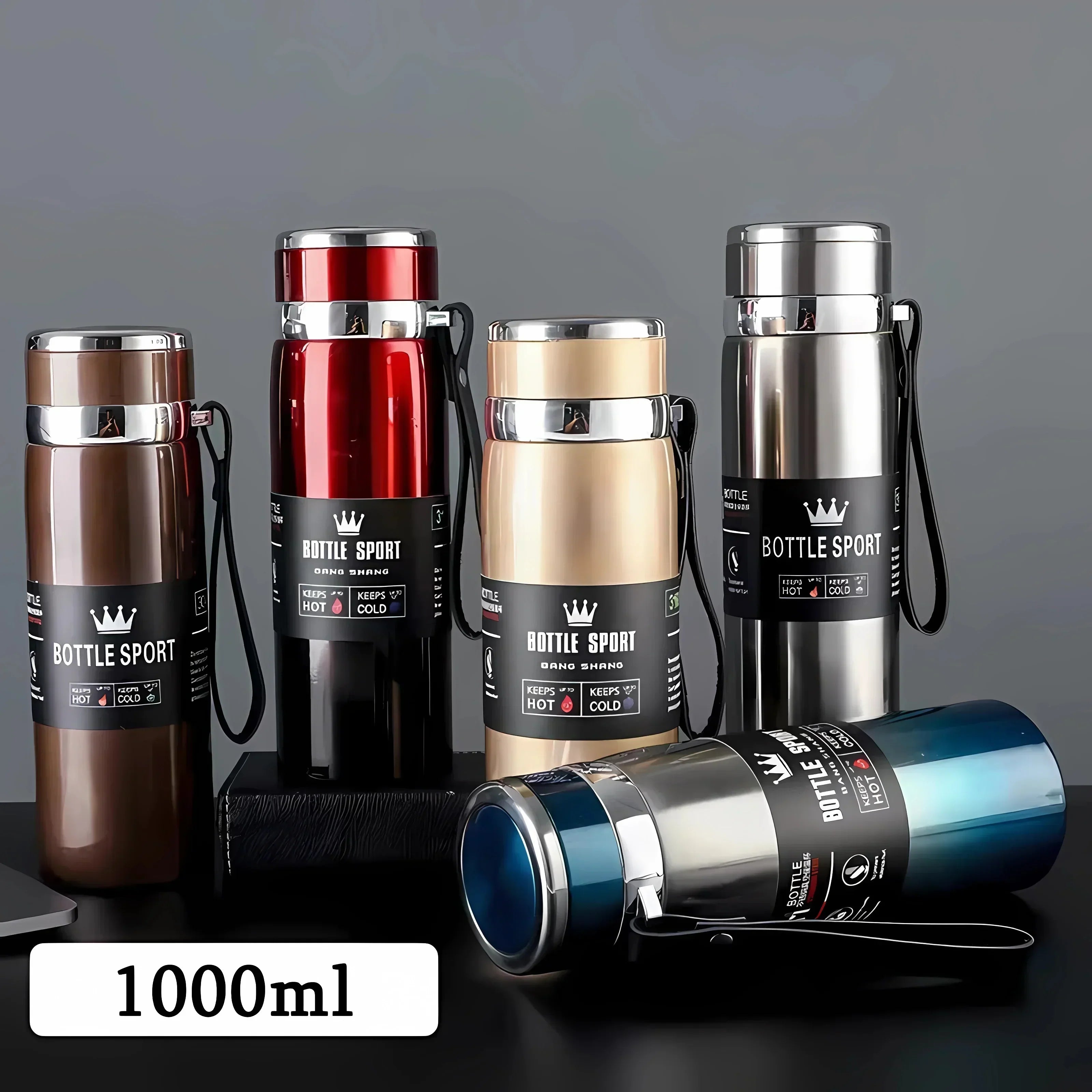 Set of 1-liter hot and cold stainless steel thermos bottles in various colors with leakproof design and carrying straps.