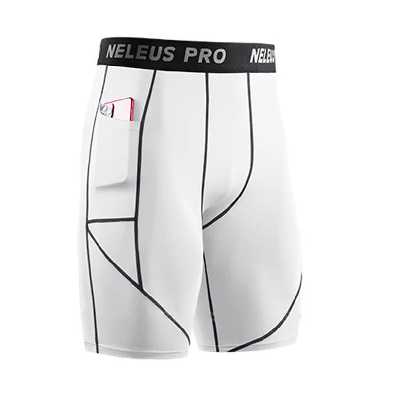 Men's outdoor running shorts white with black trim, breathable fabric, compression leggings, secure fit waistband, and side pocket holding phone