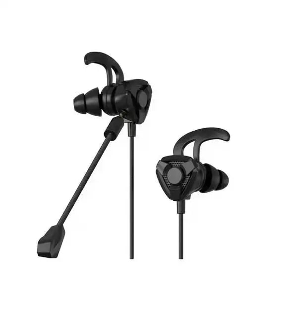 Black wired gaming earphones with ergonomic in-ear design and built-in microphone for clear communication