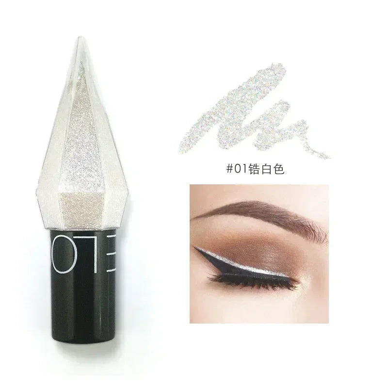 Diamond shiny eye liner in silver with glitter, shown applied on eyelid for sparkling waterproof eye makeup look