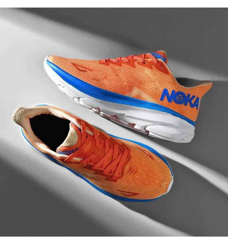 Orange and blue Carbon Plate Air Cushion running shoes with breathable mesh upper and cushioned sole for enhanced speed and comfort