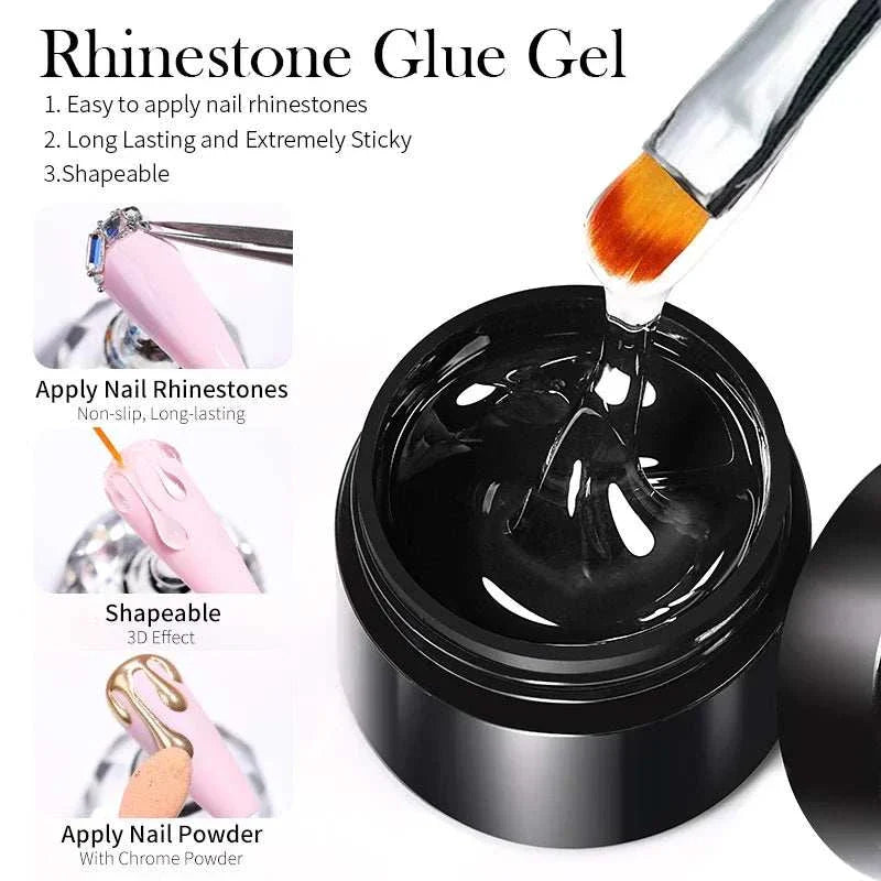 BORN PRETTY 10g Gel Nail Glue for rhinestones with super strong adhesive, no wipe formula, quick curing, and easy application.