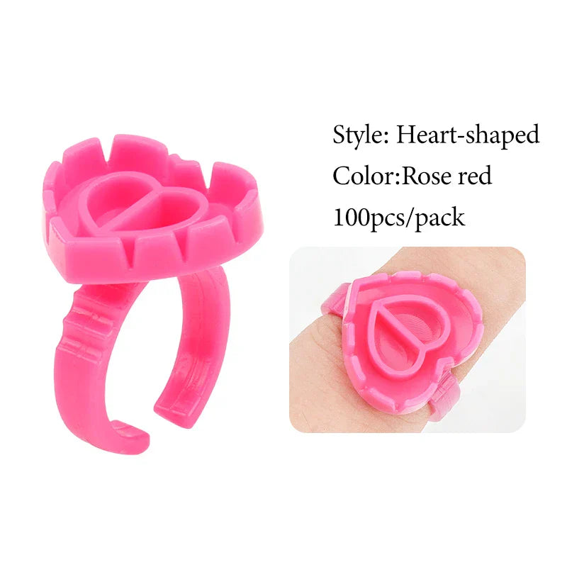 Rose red heart-shaped disposable glue ring cup for lash extensions and tattoo pigments, 100 pcs pack