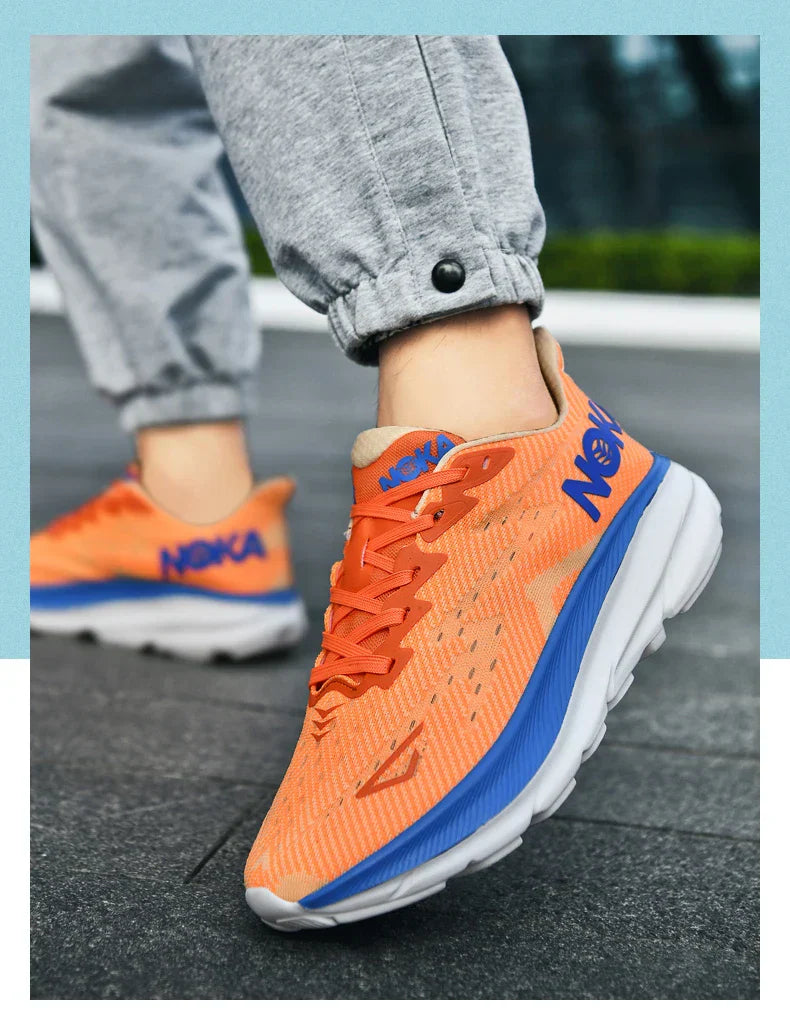 Orange Carbon Plate Air Cushion running shoe with blue accents and ergonomic breathable mesh upper