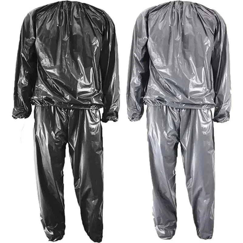 Men and women PVC sauna suit in black and gray designed for increased sweating and workout efficiency