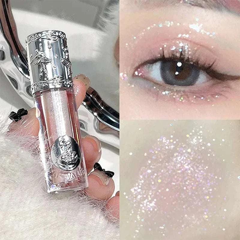 Balletism Liquid Eyeshadow with delicate fine shimmer, elegant silver packaging, and sparkly rose gold color swatch, shown applied on eyelid for a radiant glow.