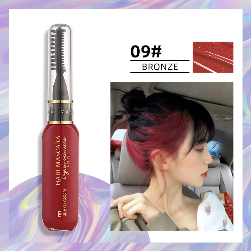 13 Colors One-Off Hair Color Mascara in bronze shade with brush-on application, washable temporary hair dye.