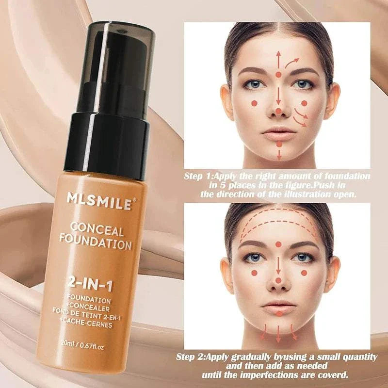 Face Foundation Cream bottle with application guide showing a woman's face with arrows for proper foundation application steps