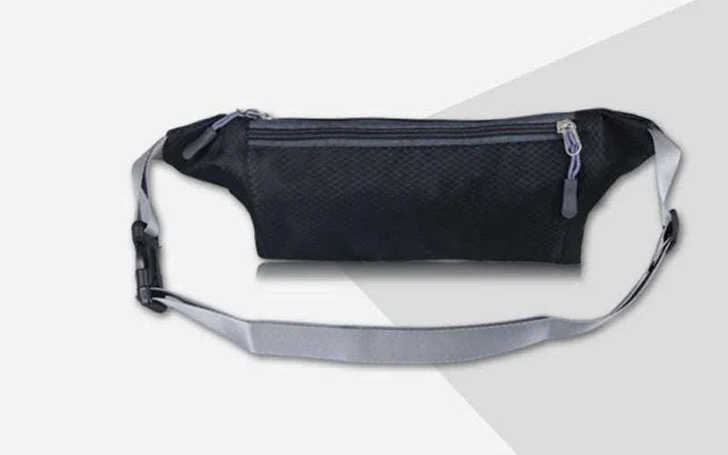 Black nylon waist and chest bag with adjustable grey strap and zipper closures for hands-free carrying