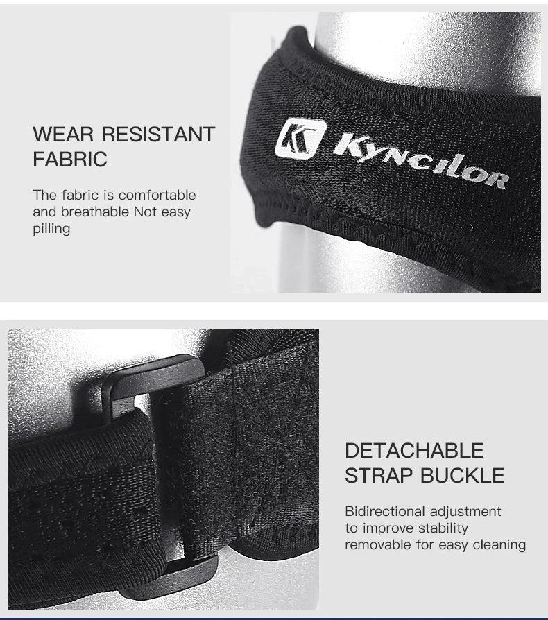 Adjustable silica gel knee tendon strap with wear-resistant fabric and detachable buckle for stability and comfort