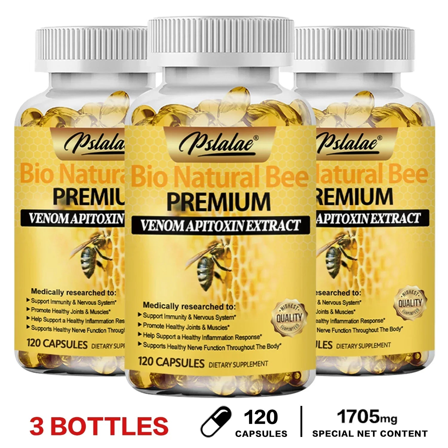 Three bottles of Pslalae Bio Natural Bee Premium capsules with venom apitoxin extract for joint relief, bone health, and immunity boost.
