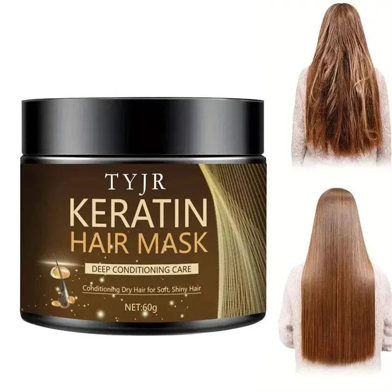 Keratine Magical Hair Mask 60g jar with before and after images showing repair of dry, frizzy hair to smooth, shiny hair.