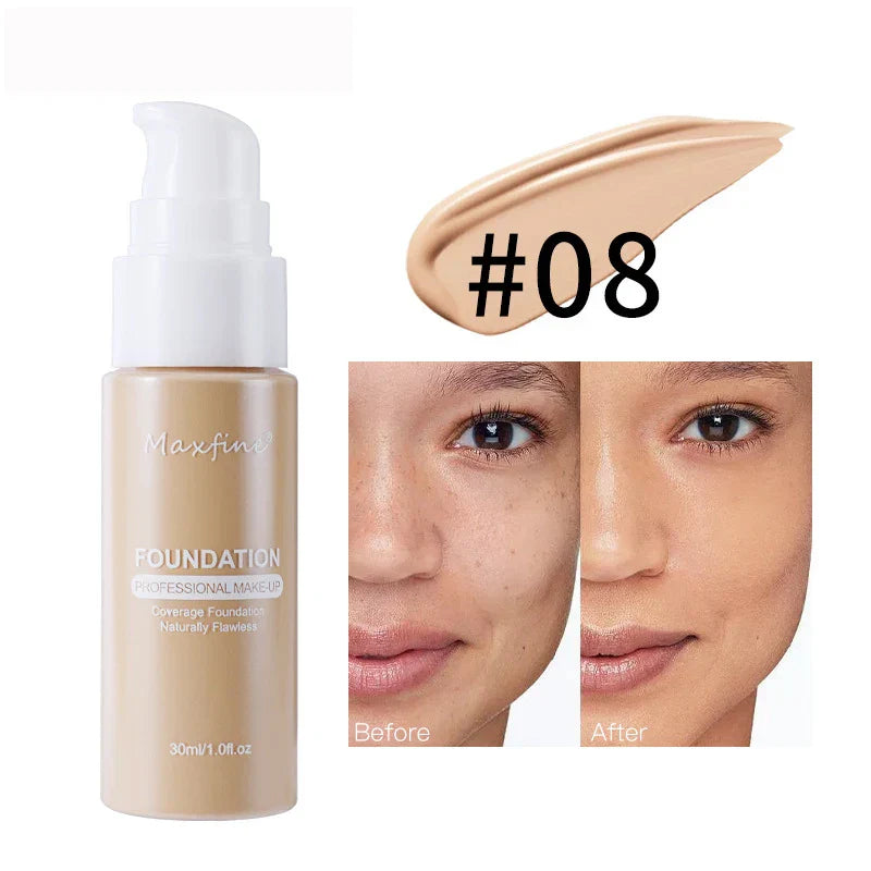 Liquid foundation and concealer bottle with shade #08 and before and after application on skin showing smooth, even coverage and natural finish.