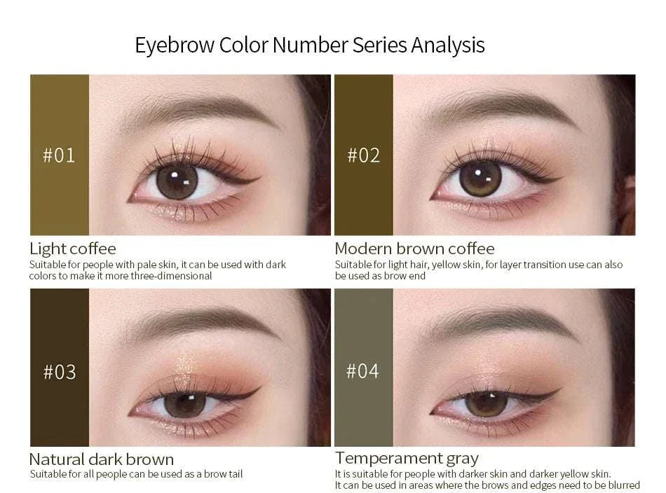 Borala 26 Colors permanent makeup tattoo pigments with 3ML sample size showing eyebrow color variations Light coffee, Modern brown coffee, Natural dark brown, and Temperament gray.