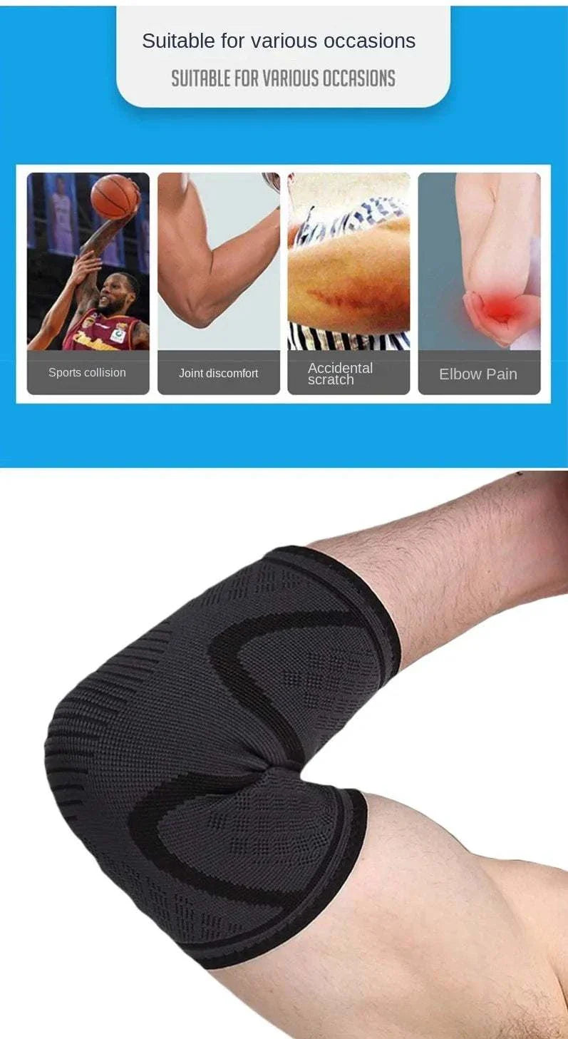 Elastic black elbow support sleeve providing compression and protection for sports, joint discomfort, accidental scratches, and elbow pain.