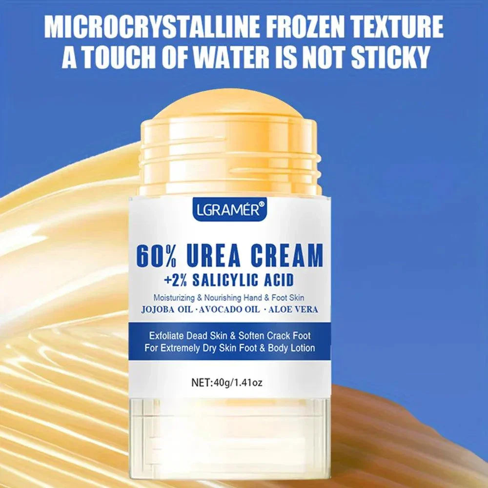 Urea Foot Cream stick with 60% urea, salicylic acid, jojoba oil, avocado oil, and aloe vera for moisturizing and repairing dry, cracked feet.