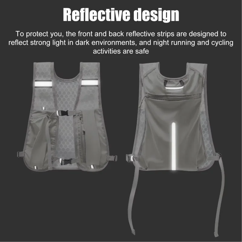 Running hydrating vest with reflective strips for night safety, ultralight breathable fabric, and ergonomic fit for endurance athletes.