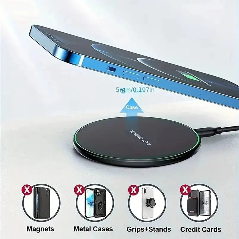 30W wireless charger pad with slim design for fast Qi charging and magnetic alignment, compatible with MagSafe iPhones and Qi-enabled devices