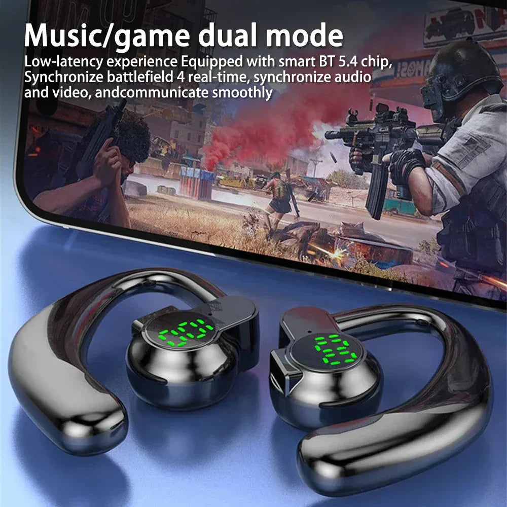 180° Wireless Headphone with Bluetooth 5.4, noise-canceling mic, rotatable earhook, and LED battery display for gaming and music.