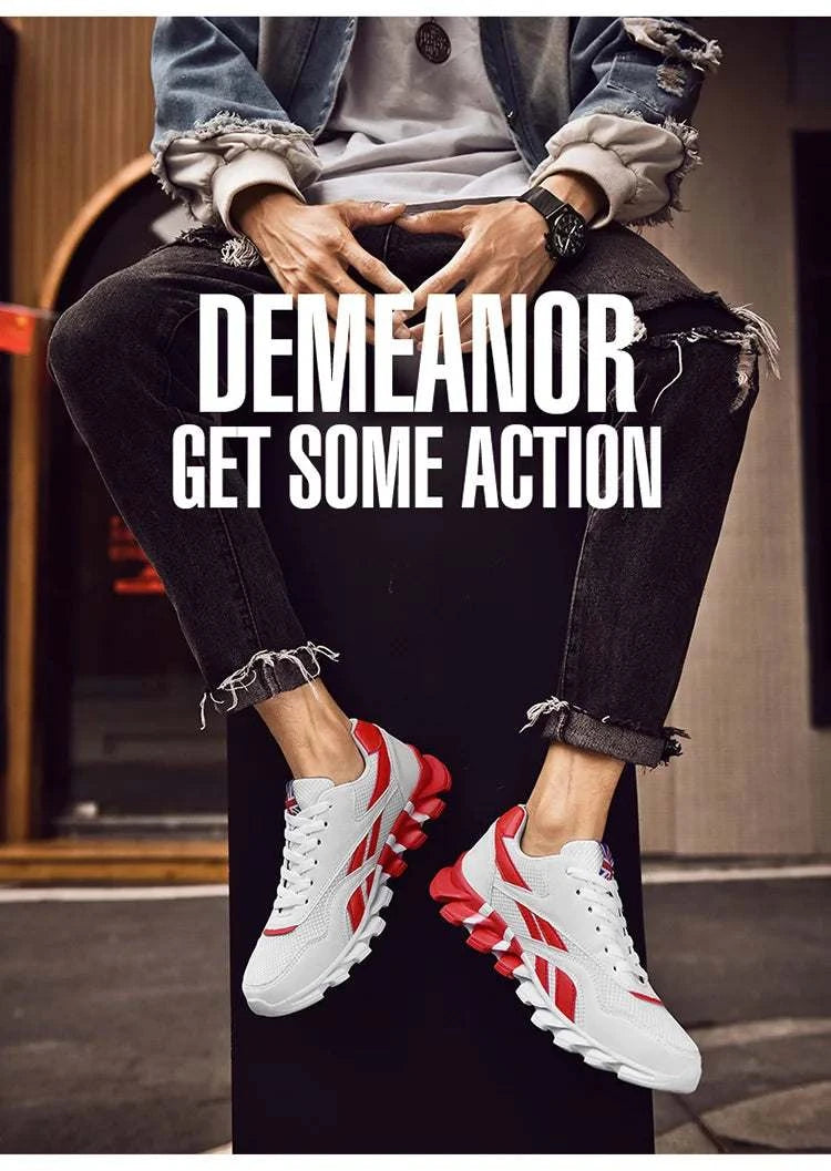 2025 new men's and women's running shoes in white and red with breathable mesh and anti-slip sole worn with ripped black jeans