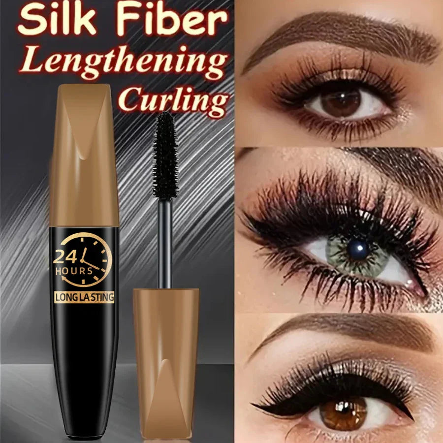 5D Black Silk Fiber Mascara tube with wand and close-up of dramatic, lengthened, curled eyelashes