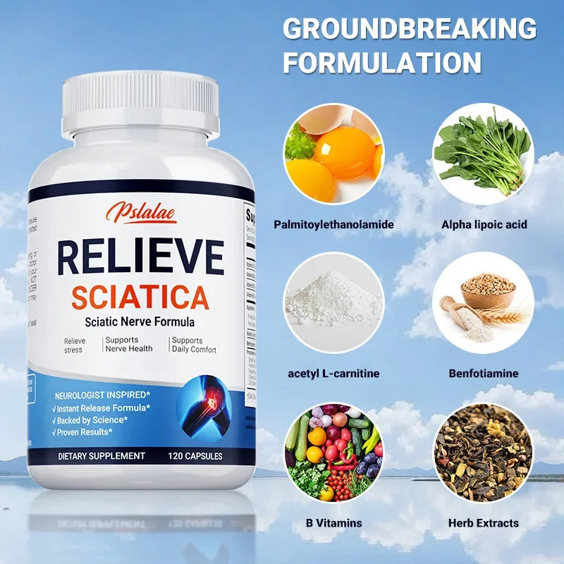 Relieve Sciatica supplement bottle with key ingredients including palmitoylethanolamide, alpha lipoic acid, acetyl L-carnitine, benfotiamine, B vitamins, and herb extracts for nerve pain relief and mobility support.