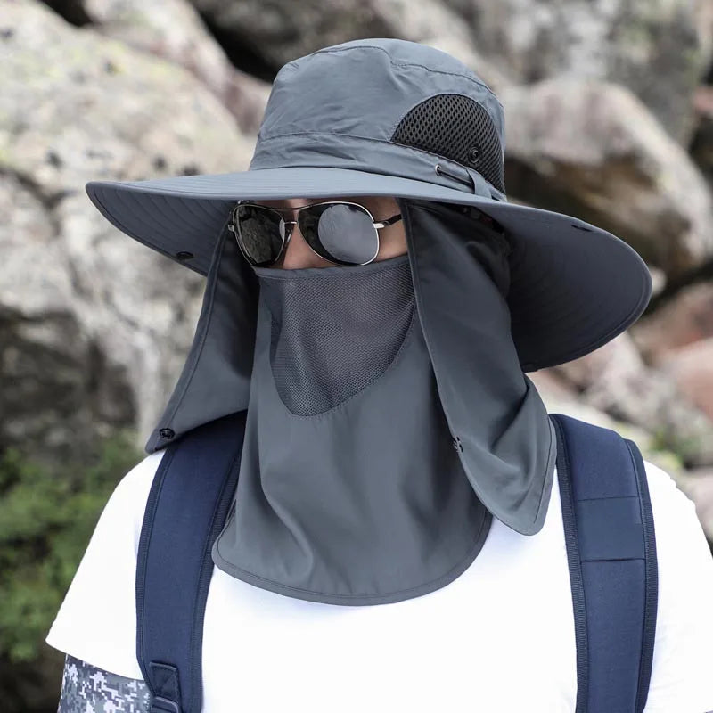 Breathable sunshade cap with wide brim, adjustable fit, and neck protection for outdoor activities