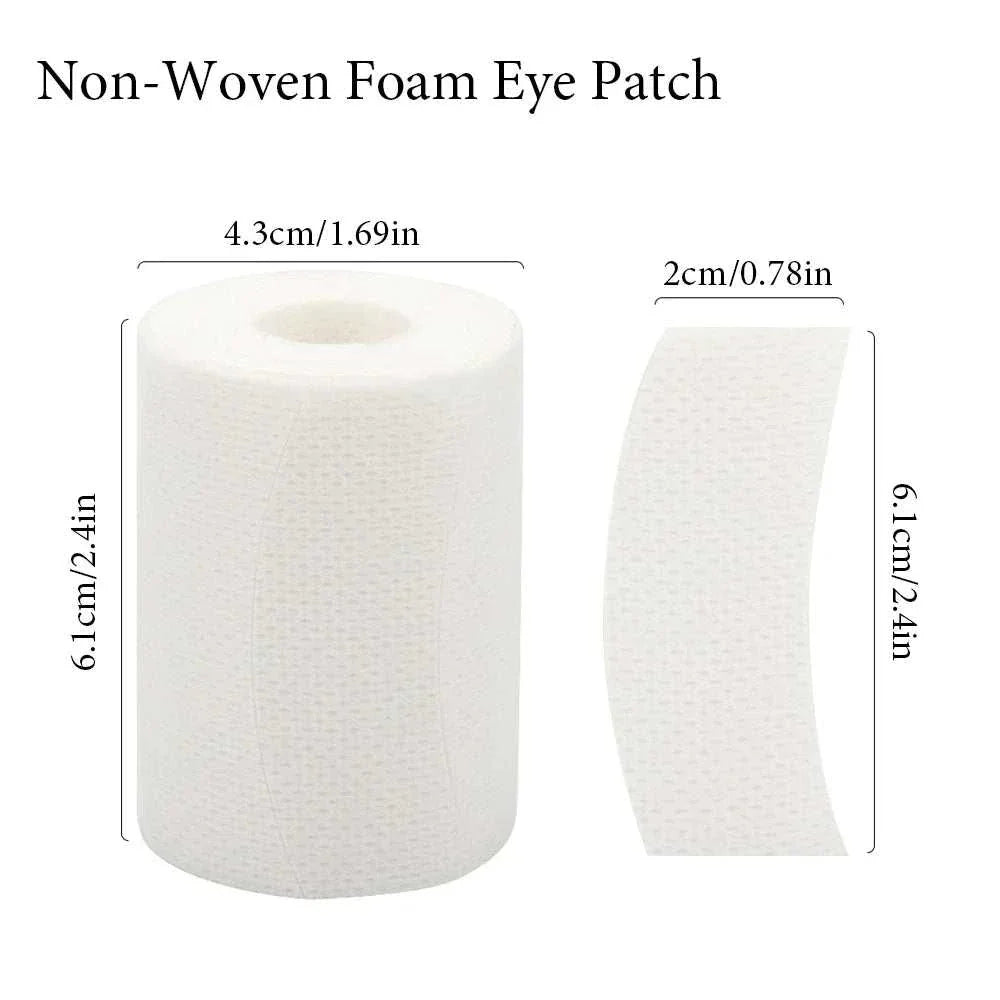 110Pcs roll of non-woven foam eye tapes for eyelash extensions and makeup application, measuring 6.1cm by 4.3cm per roll and 6.1cm by 2cm per strip.