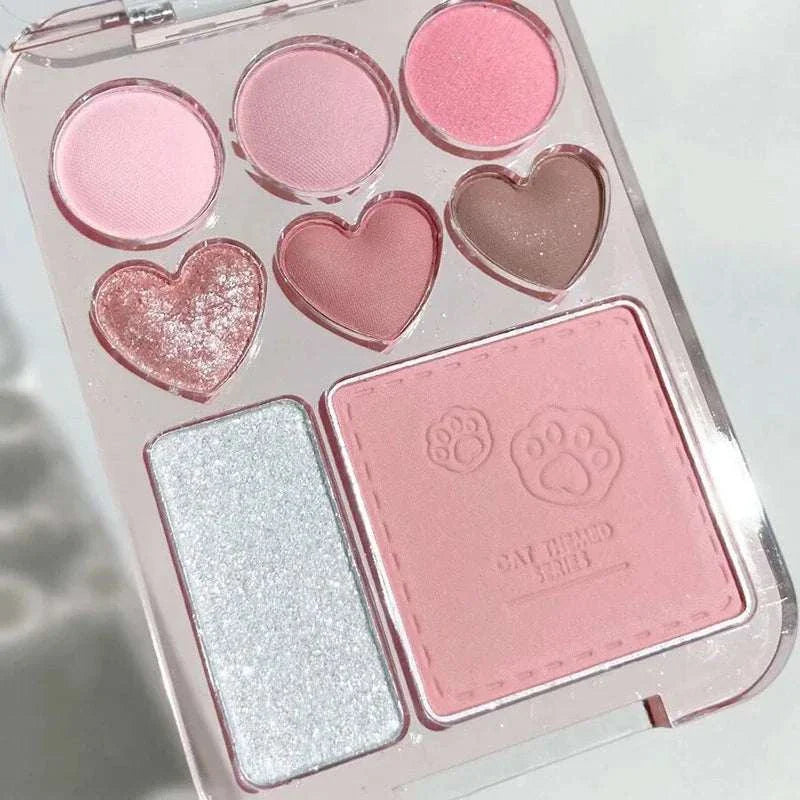 8-color pink and orange eyeshadow palette with heart-shaped and square blushers, including shimmery and matte shades in a compact case