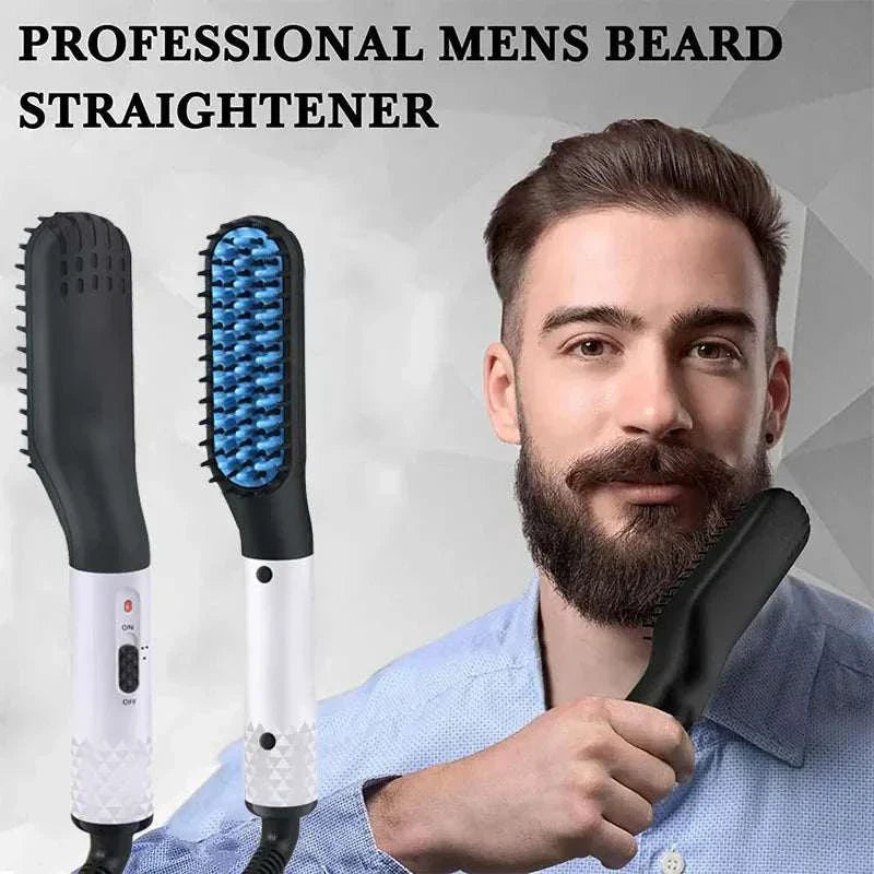 Man using professional men's beard straightener hair comb brush with anti-scald bristles and quick heating technology for grooming and styling hair and beard.