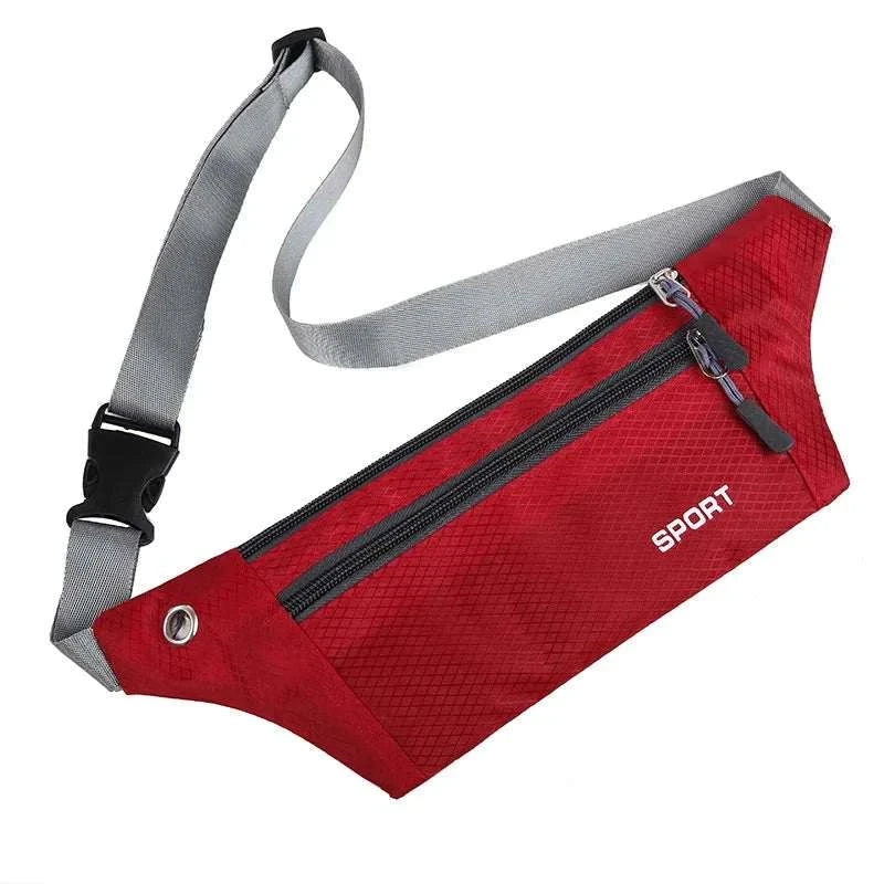Red nylon waist and chest bag with adjustable gray strap and dual zipper compartments for sports and travel use
