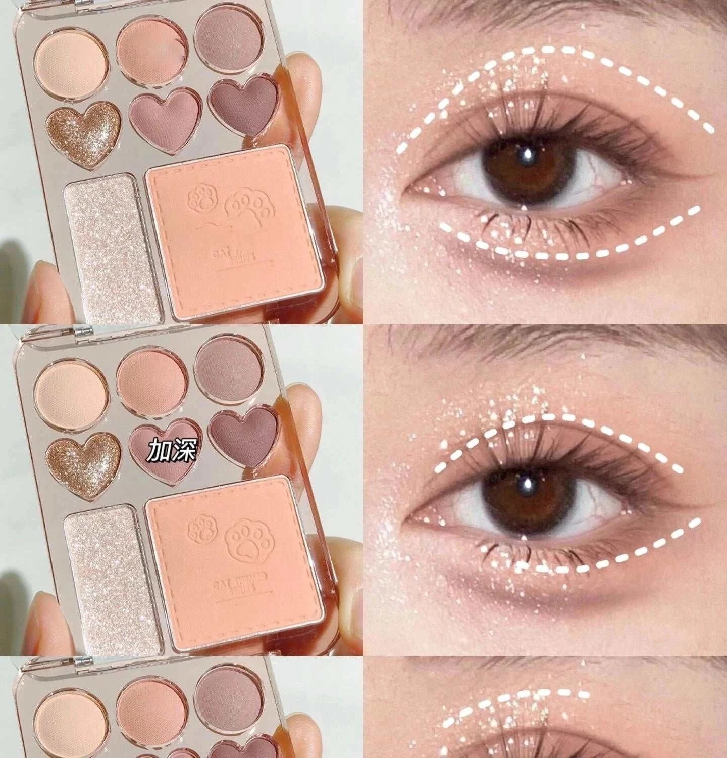 8-color pink orange eyeshadow palette with heart-shaped pans, including blush and highlighter, shown with eye makeup application examples