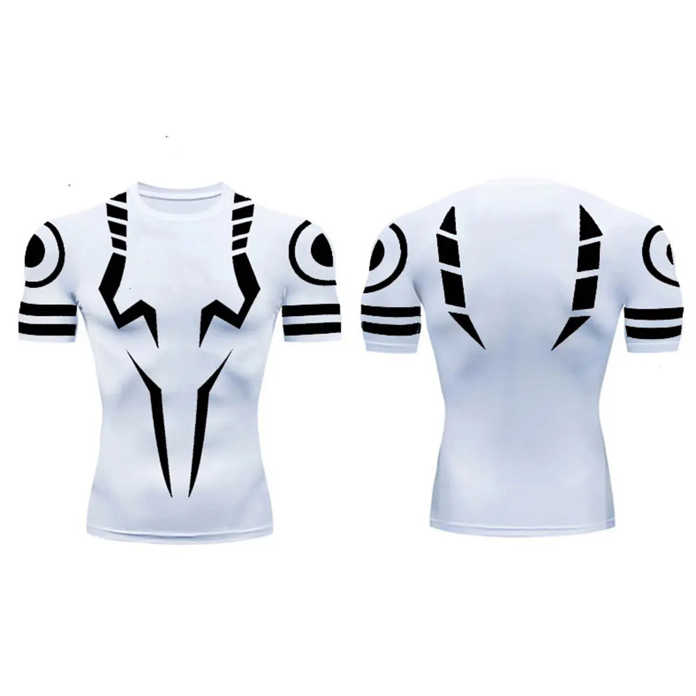 Anime Jujutsu Kaisen Sukuna compression t-shirt with 3D print, breathable fabric, and athletic fit for workout and casual wear