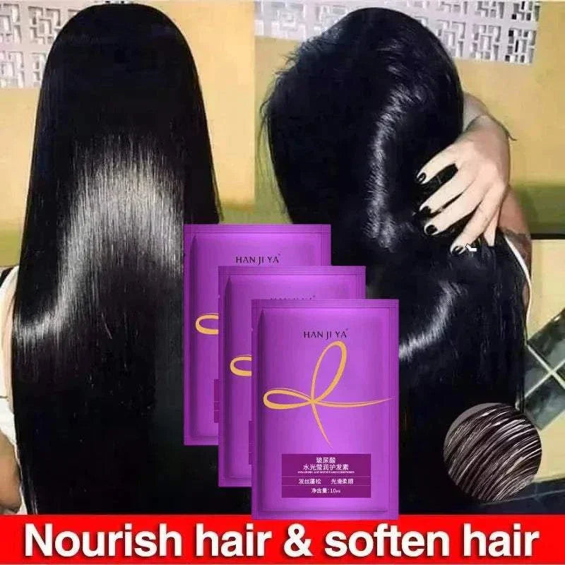 Keratin Hair Mask packets with smooth, shiny black hair showcasing deep nourishment and repair benefits