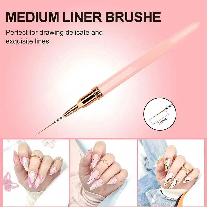 Nail liner brush set featuring a medium 11mm pink handle brush for detailed and precise nail art designs.
