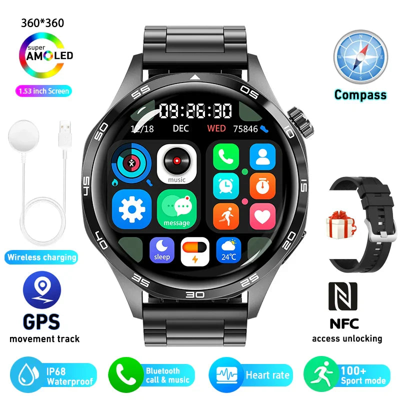HUAWEI GT5 Pro Smartwatch with 360x360 AMOLED display, GPS, NFC, heart rate monitor, Bluetooth calling, IP67 waterproof, fitness tracking, and sleek design