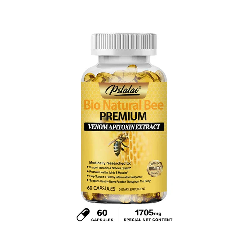 Natural Bee Capsules with venom apitoxin extract for joint relief, bone strength, immunity boost, and antioxidant support, 60 capsules.