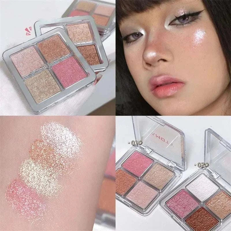 4 Colors Diamond Highlighter Powder Palette with shimmering shades and glowing makeup application on skin and face