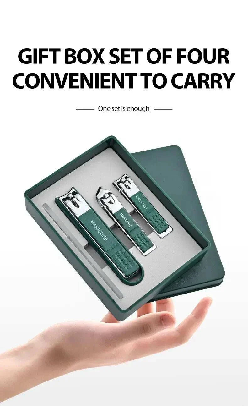Compact nail clipper set with four stainless steel clippers in a sleek green gift box for travel and home use