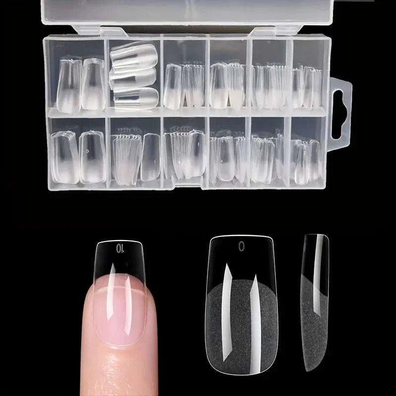120-piece full cover press-on nail tips set with assorted stiletto, almond, square, and coffin shapes in a clear storage box for easy DIY nail extensions.