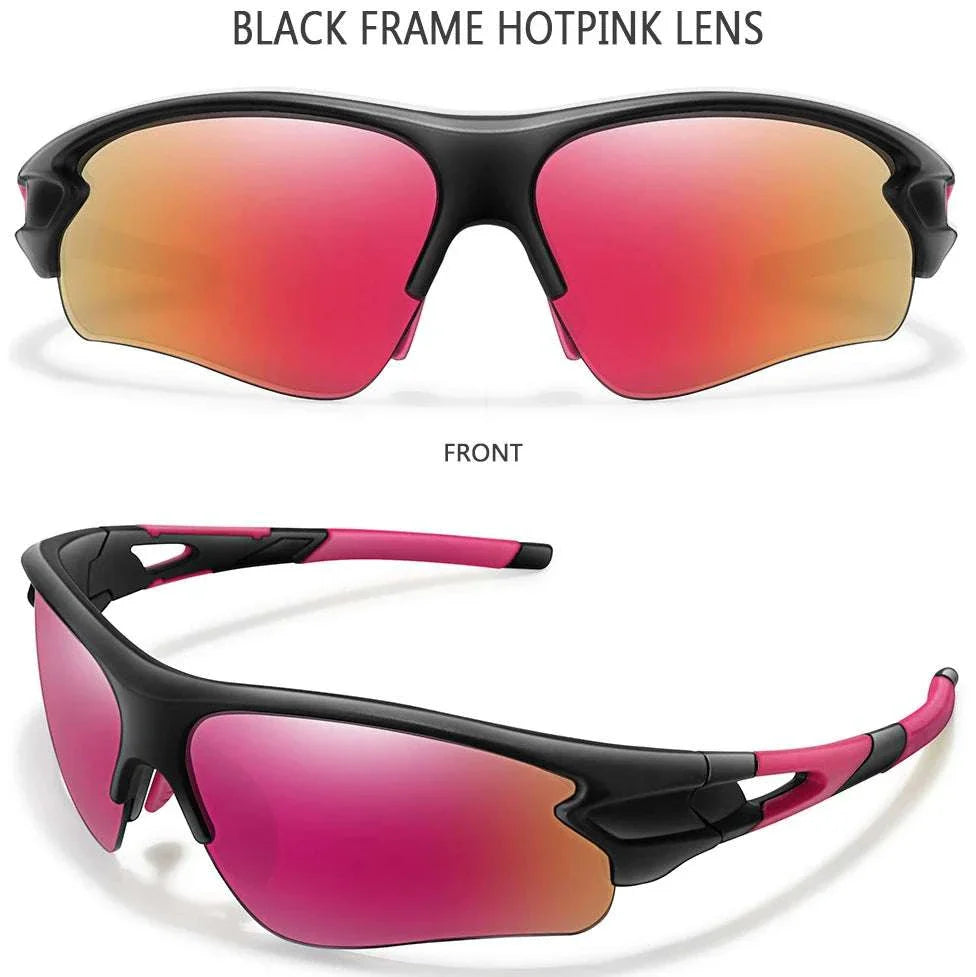 Black frame sporty unisex sunglasses with hot pink mirrored lenses for outdoor sports and UV400 protection