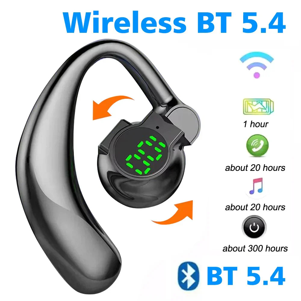 180° Wireless Headphone with Bluetooth 5.4, rotatable earhook, digital LED display, and noise-canceling microphone