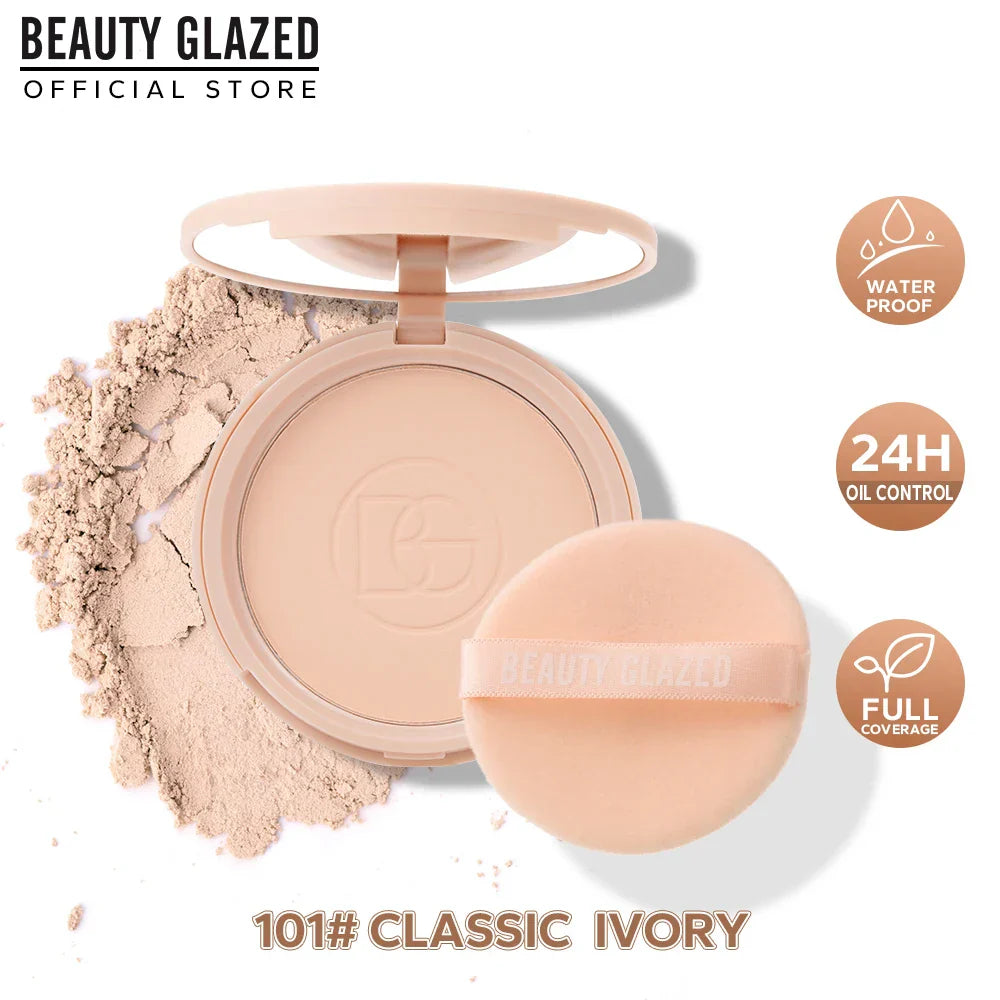 BEAUTY GLAZED Oil Control Matte Face Powder in 101# Classic Ivory with compact, mirror, puff, waterproof, 24H oil control, and full coverage features