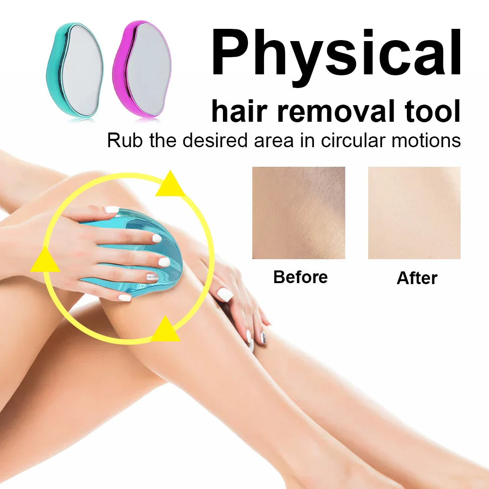 Crystal Hair Eraser reusable micro-crystal body hair removal tool with before and after results on smooth skin
