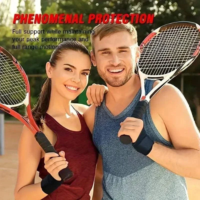 Man and woman wearing adjustable wrist braces playing tennis outdoors, promoting wrist support and protection during sports activities.