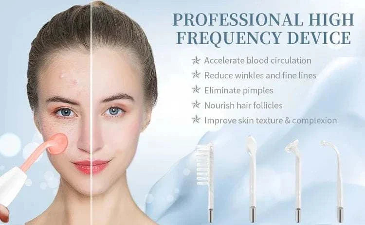 4-in-1 Handheld Electric Facial Therapy Wand with interchangeable electrodes for acne treatment, wrinkle reduction, hair follicle nourishment, and improved skin texture.